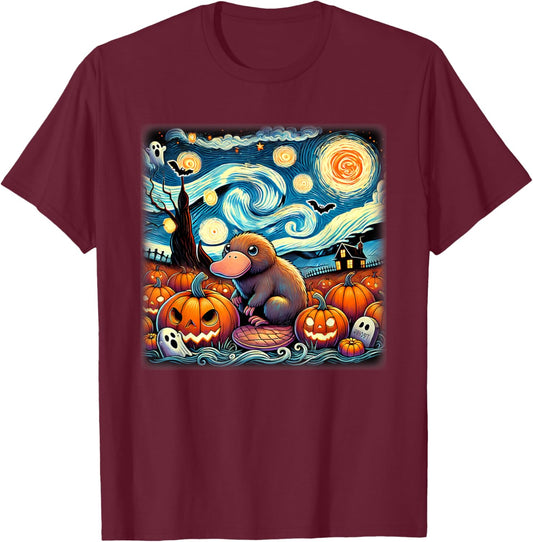 Starry Night Platypus Halloween T-Shirt - T-Shirt | Maroon