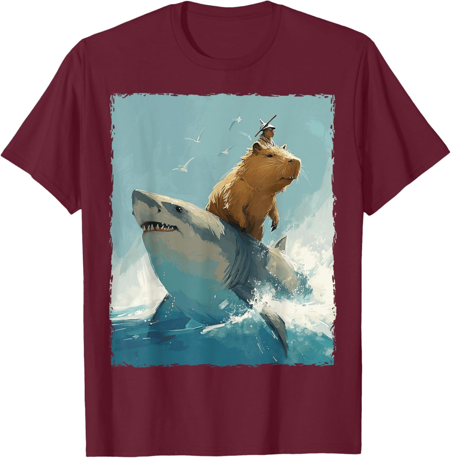 Capybara Is Riding A Shark T-Shirt - T-Shirt | Maroon