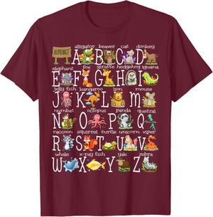 Back to School Kids Cute Animals A-Z Alphabet ABCs Teacher T-Shirt - T-Shirt | Maroon