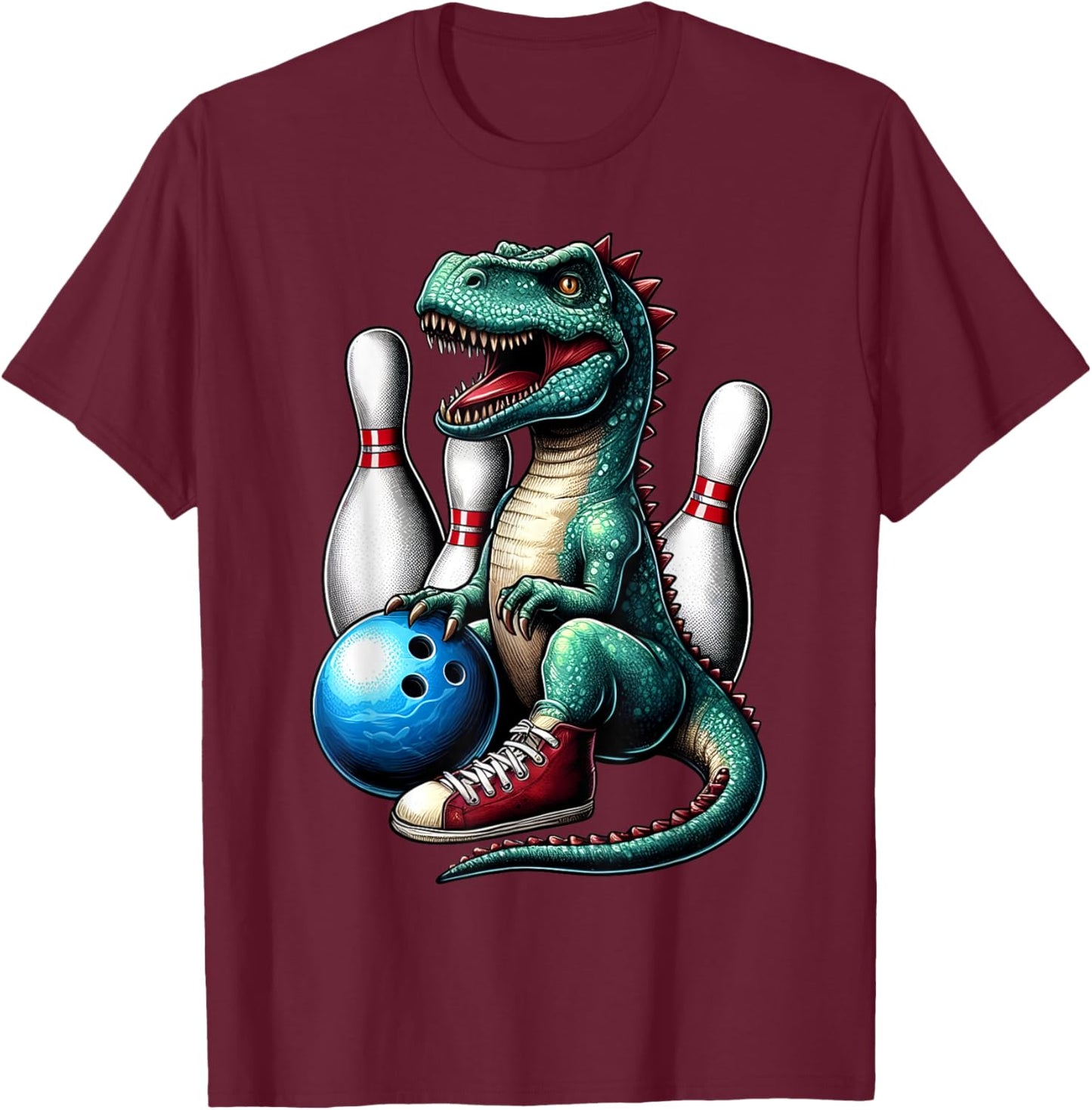 Dinosaur Bowling Ball Graphic Funny Dino Bowler Kids Adults T-Shirt - T-Shirt | Maroon