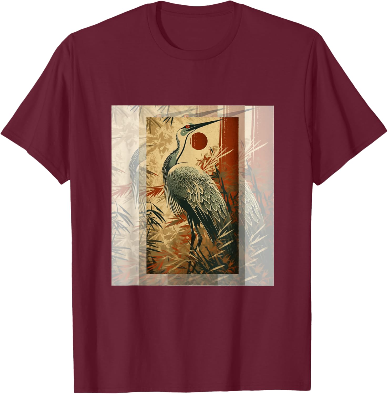Vintage Japanese Fine Art Crane Bamboo and Iris Japan T-Shirt - T-Shirt | Maroon