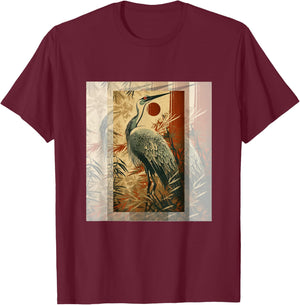 Vintage Japanese Fine Art Crane Bamboo and Iris Japan T-Shirt - T-Shirt | Maroon