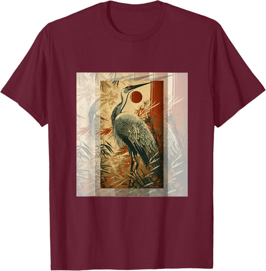 Vintage Japanese Fine Art Crane Bamboo and Iris Japan T-Shirt - T-Shirt | Maroon