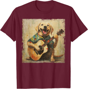 Colorful Oil Painting Of A Labrador Dog Lab Playing Guitar Men Women Girls Kids T-Shirt - T-Shirt | Maroon