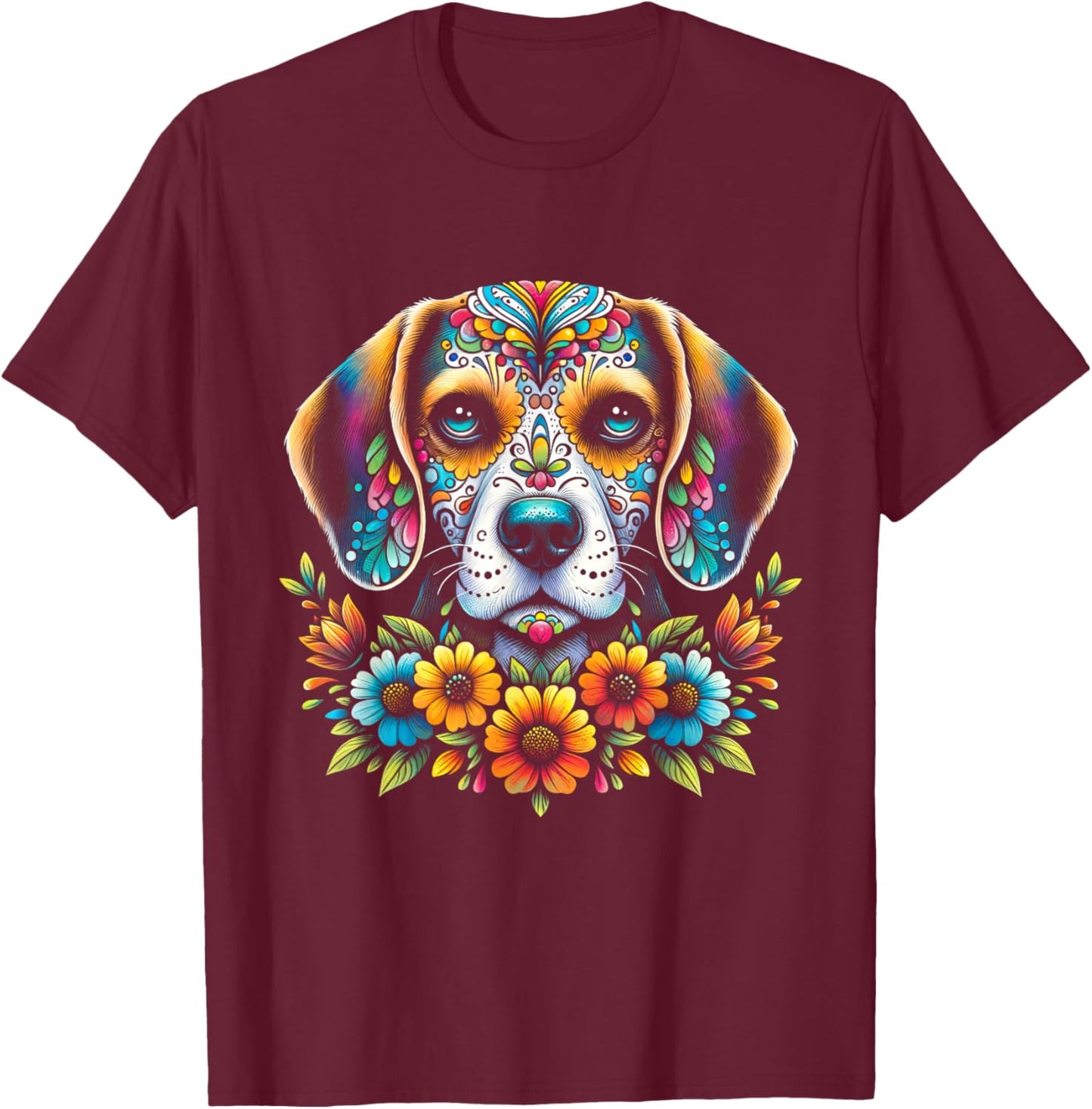 Cinco De Mayo Sugar Skull Flower Beagle Dog Men Women Kids T-Shirt - T-Shirt | Maroon