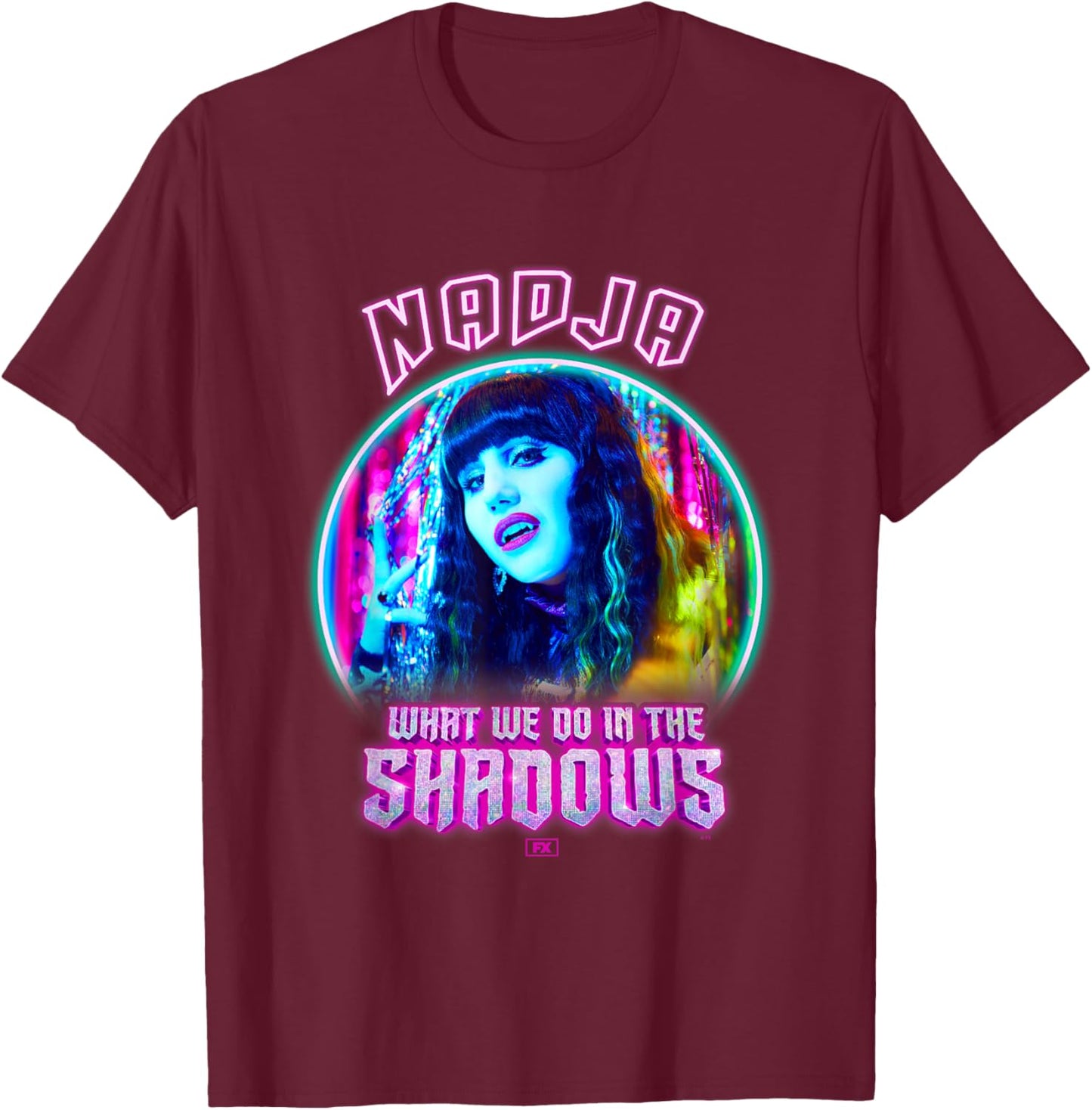 What We Do In The Shadows Cool Nadja Big Chest Neon Portrait T-Shirt - T-Shirt | Maroon