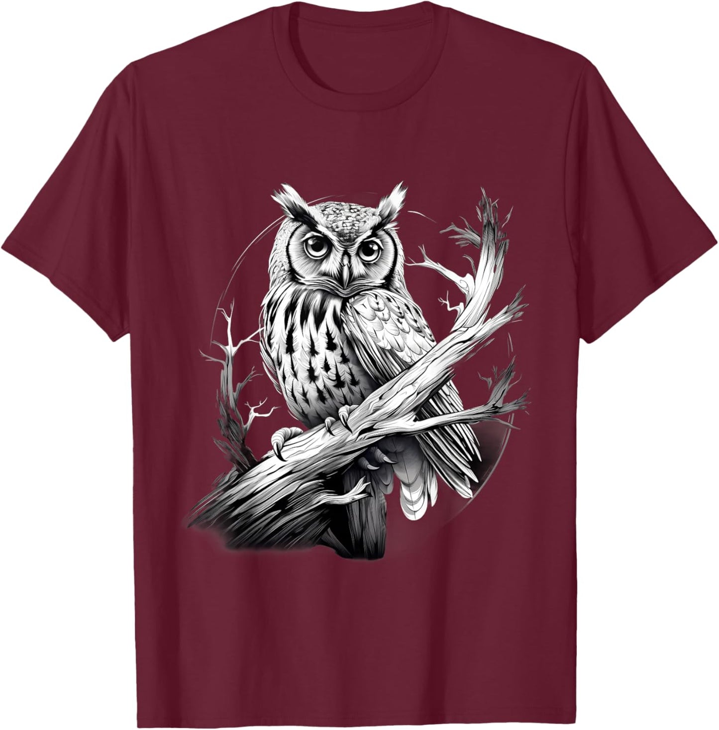 Owl Artwork Animal Lovers Animal Print Portrait Drawing T-Shirt - T-Shirt | Maroon
