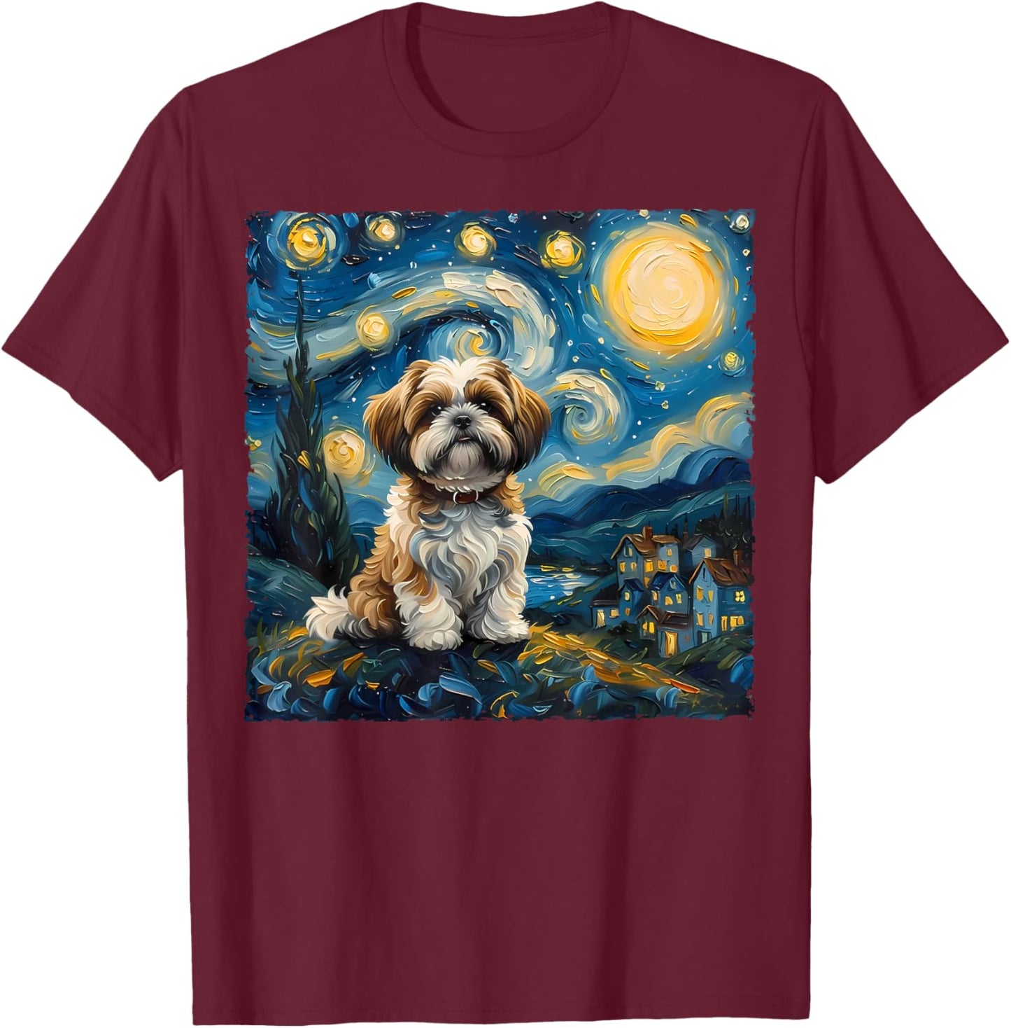Shih Tzu Dog Lovers The Starry Night Van Gogh Style Painting T-Shirt - T-Shirt | Maroon