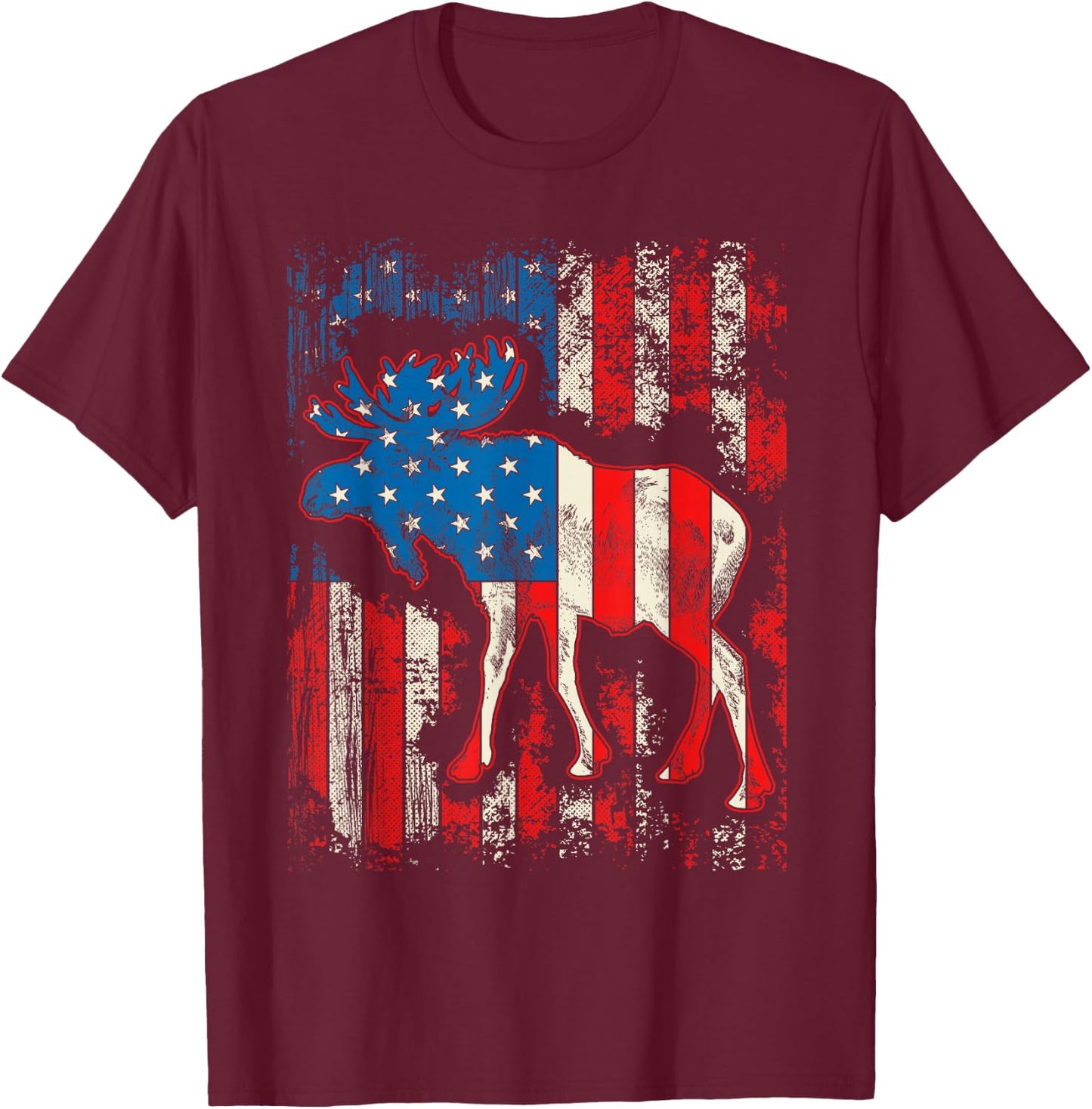 Moose USA American Flag 4th Of July Men Women Retro Vintage T-Shirt - T-Shirt | Maroon