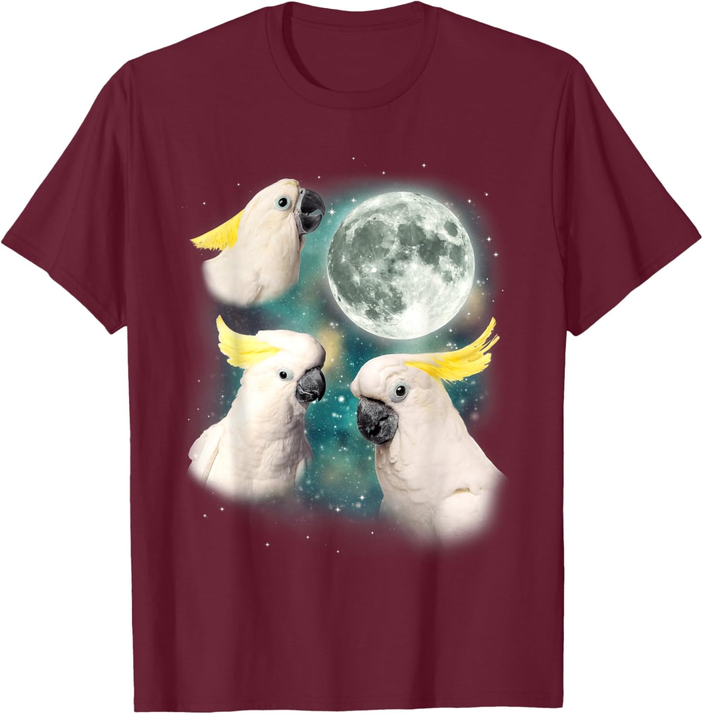 Three Cockatoo Moon 3 Birds Tropical Paradise Parody T-Shirt - T-Shirt | Maroon