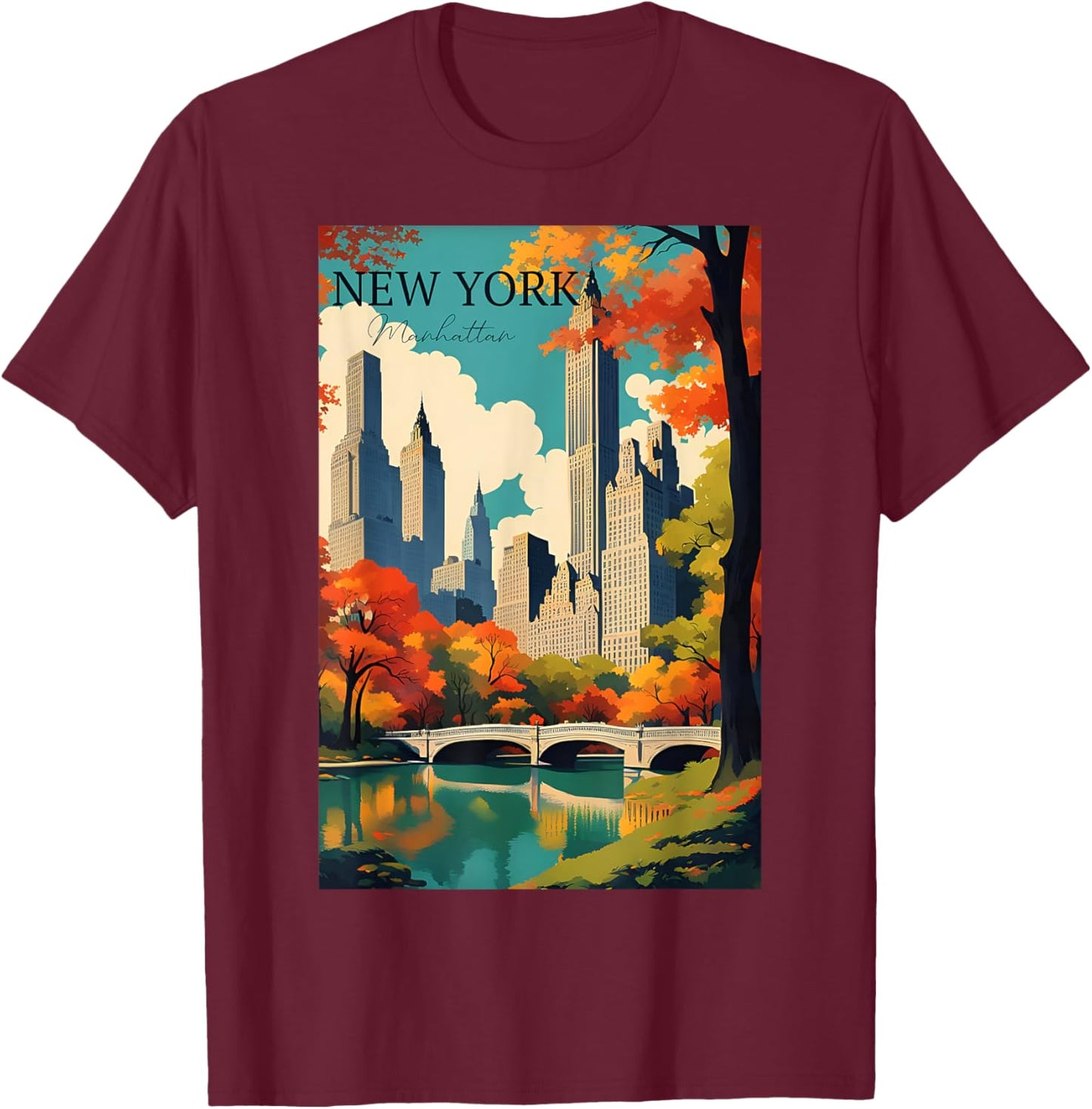 Manhattan New York Travel Poster Modern With A Vintage Style T-Shirt - T-Shirt | Maroon