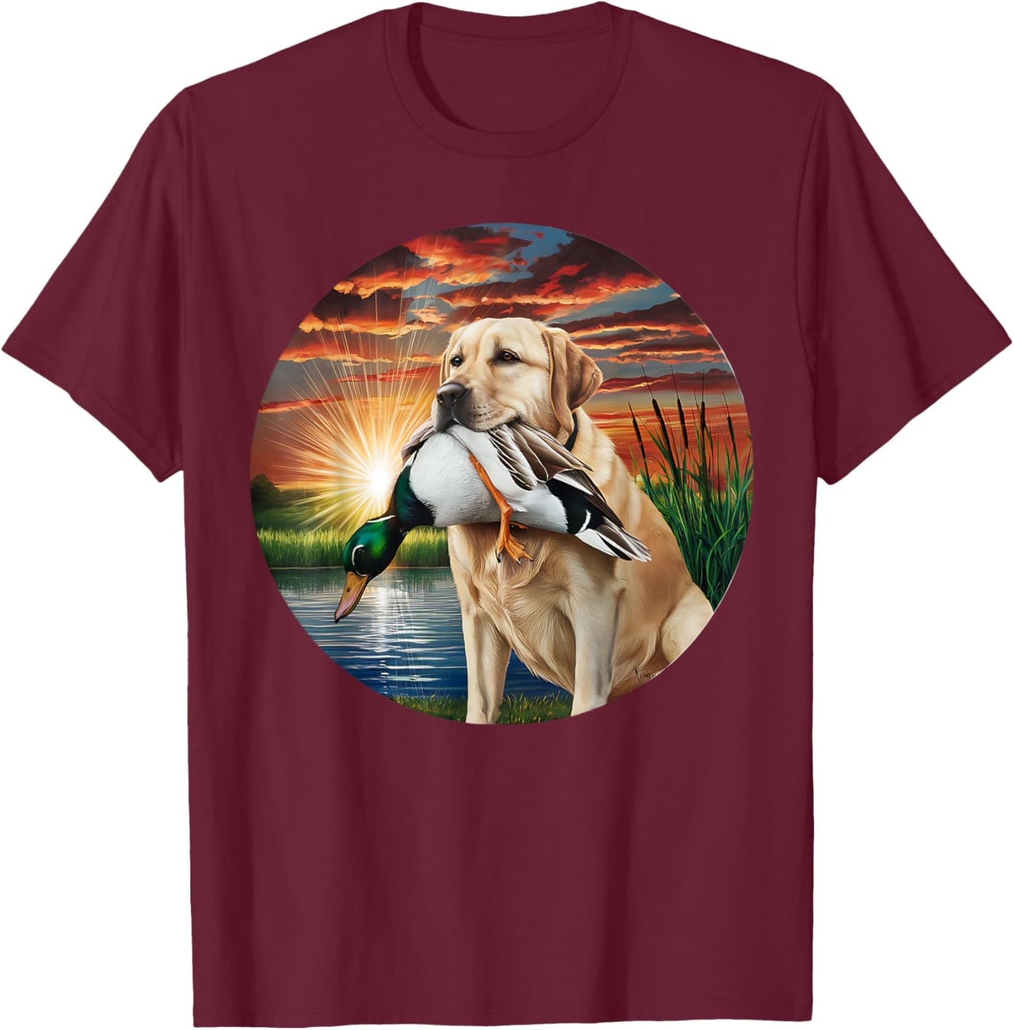 A Hunting Labrador Retriever dog with a duck in the sunset. Women T-Shirt - T-Shirt | Maroon