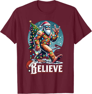 Santa Bigfoot Christmas Lights Funny Sasquatch Believe Xmas T-Shirt - T-Shirt | Maroon