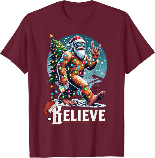 Santa Bigfoot Christmas Lights Funny Sasquatch Believe Xmas T-Shirt - T-Shirt | Maroon