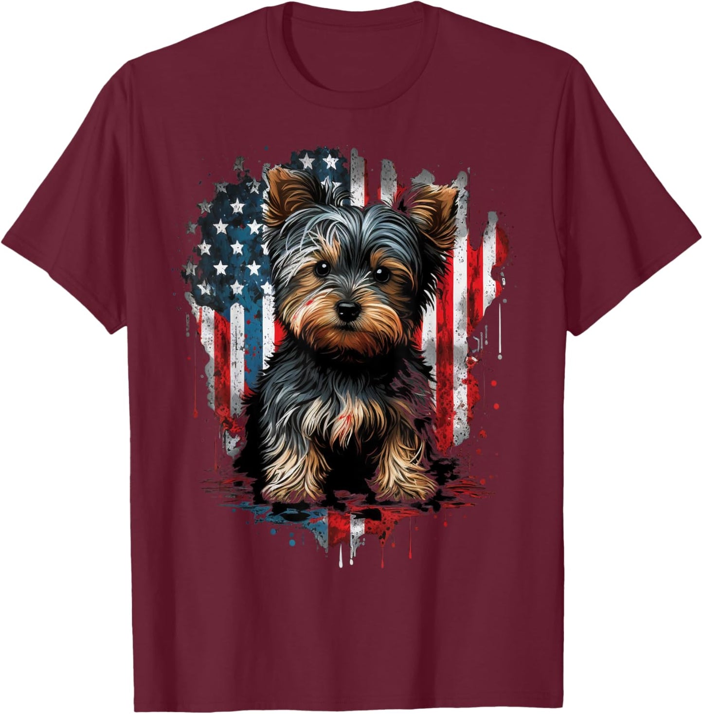 USA 4th of July Patriotic American Yorkshire Terrier T-Shirt - T-Shirt | Maroon
