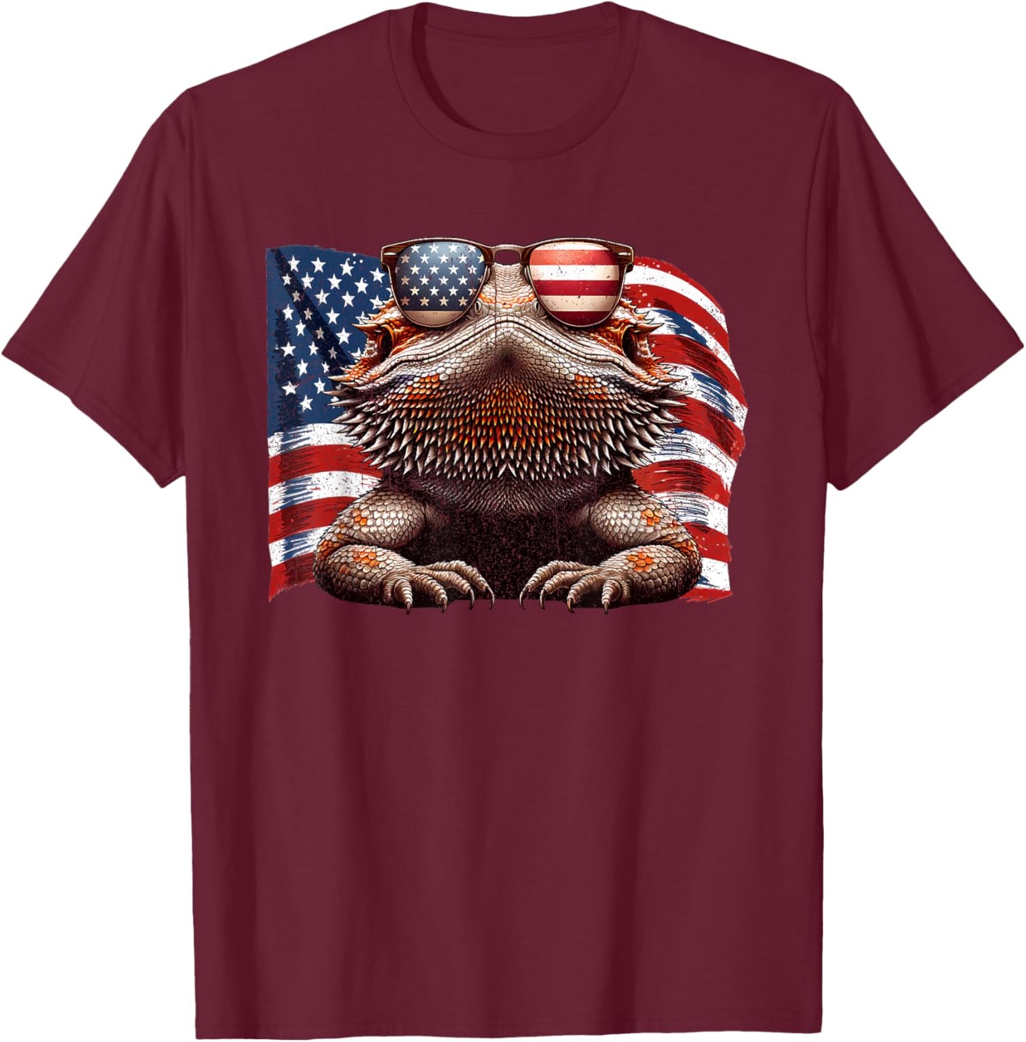 Bearded Dragon Reptiles Lovers American Flag Sunglasses Pets T-Shirt - T-Shirt | Maroon