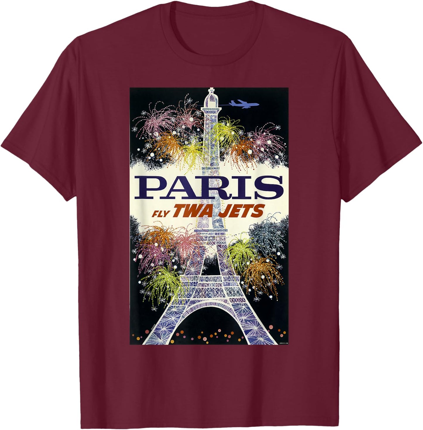 Paris Fly TWA Jets Vintage Retro Poster Print T-Shirt - T-Shirt | Maroon