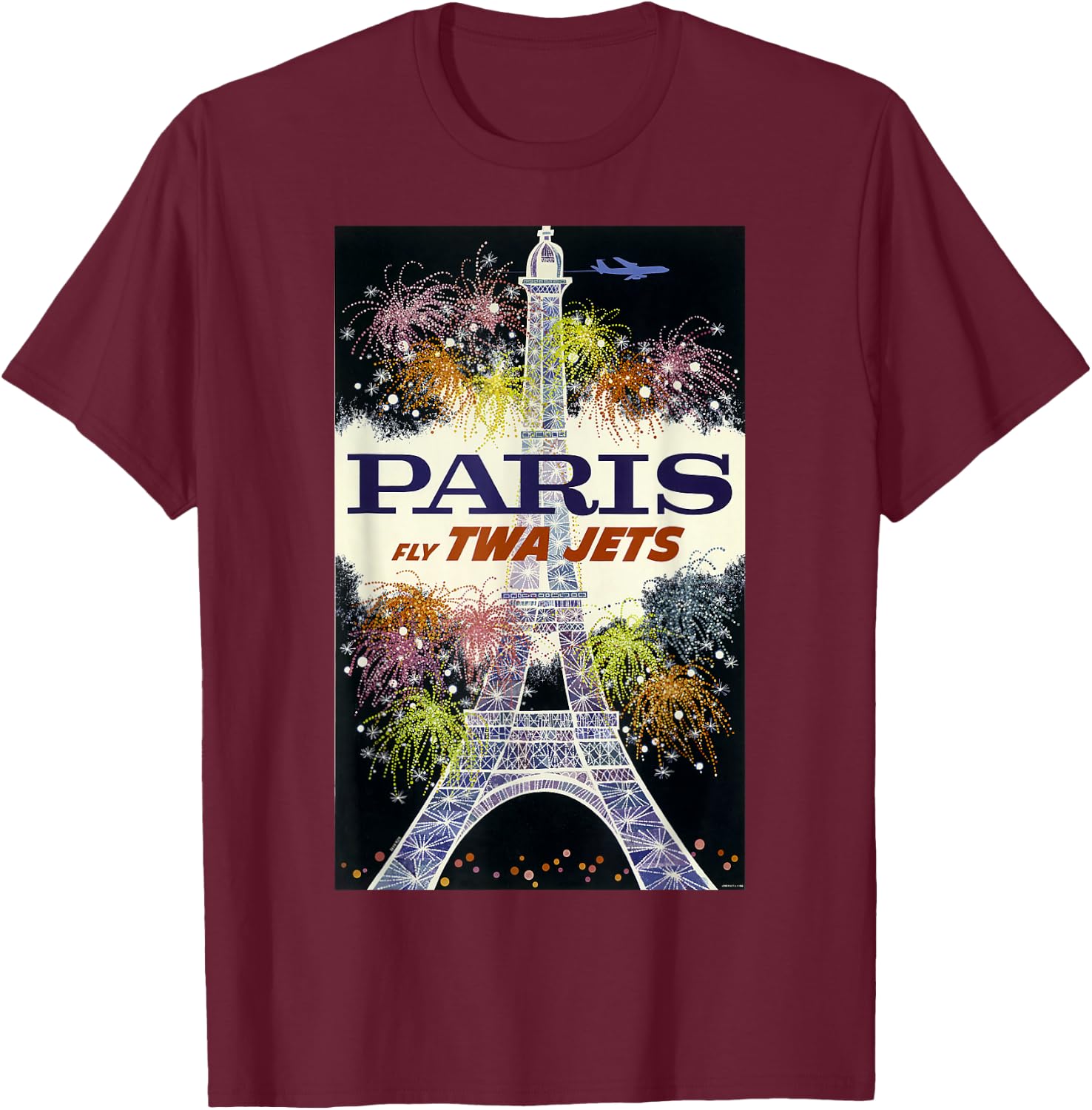 Paris Fly TWA Jets Vintage Retro Poster Print T-Shirt - T-Shirt | Maroon
