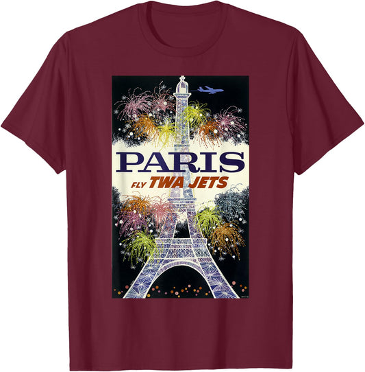 Paris Fly TWA Jets Vintage Retro Poster Print T-Shirt - T-Shirt | Maroon