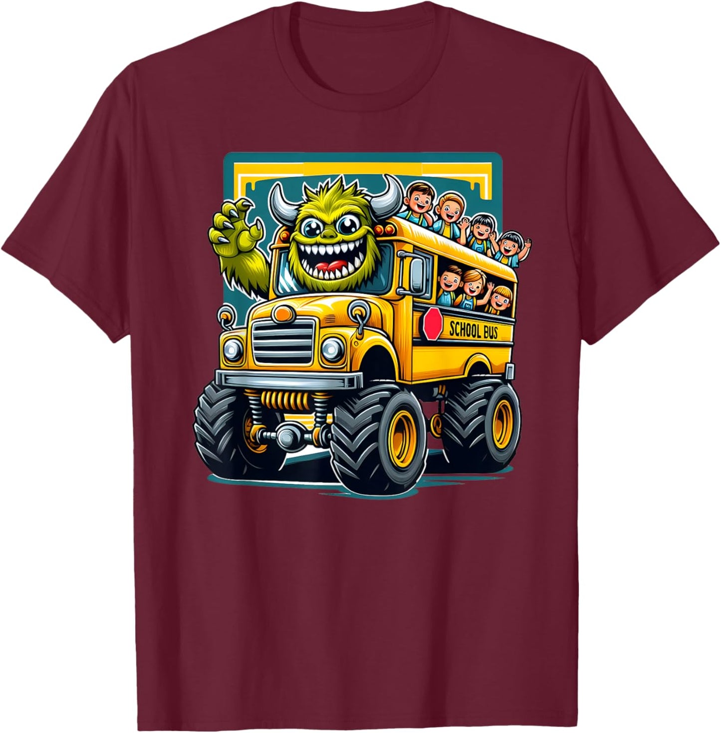Monster Truck School Bus Illustration Funny Back To School T-Shirt - T-Shirt | Maroon