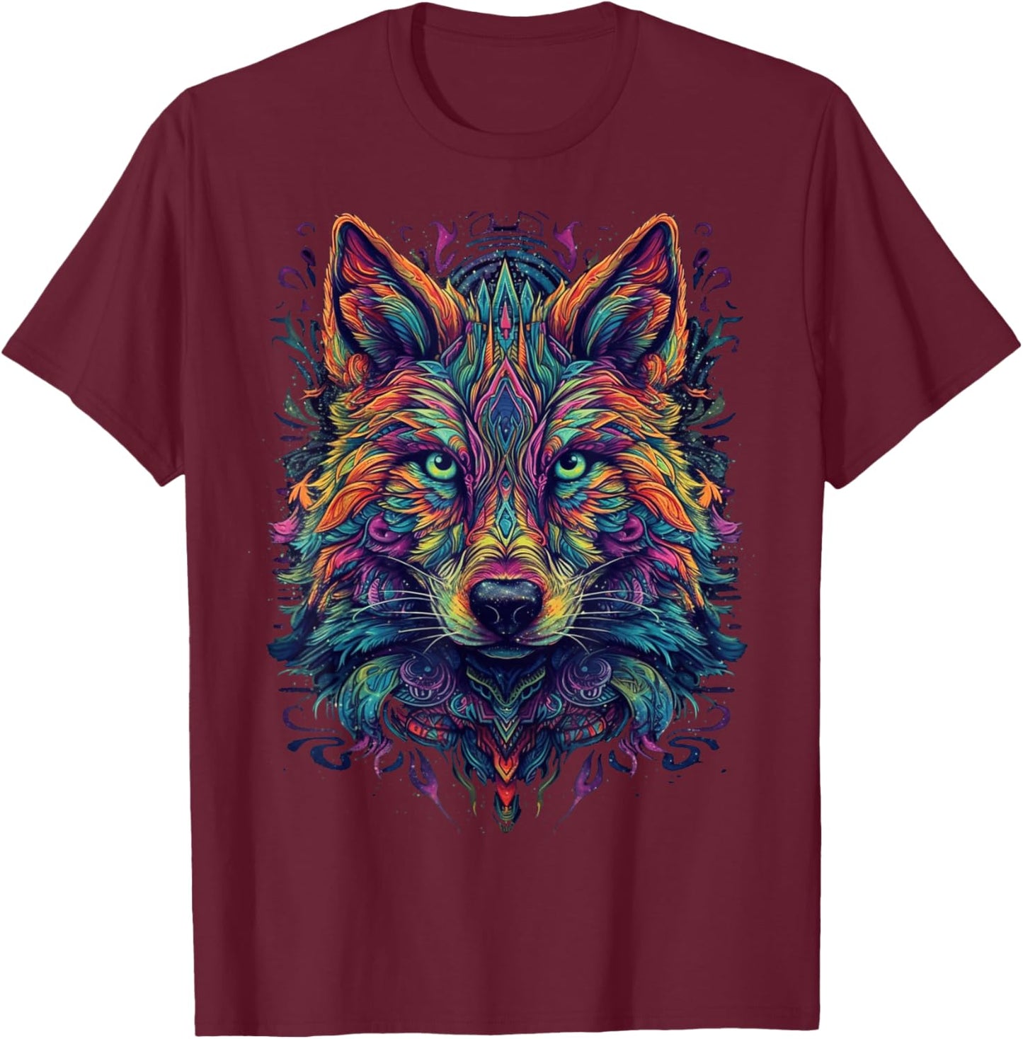 Colorful Wolf | Psychedelic Art Trippy Hippie Men Women T-Shirt - T-Shirt | Maroon