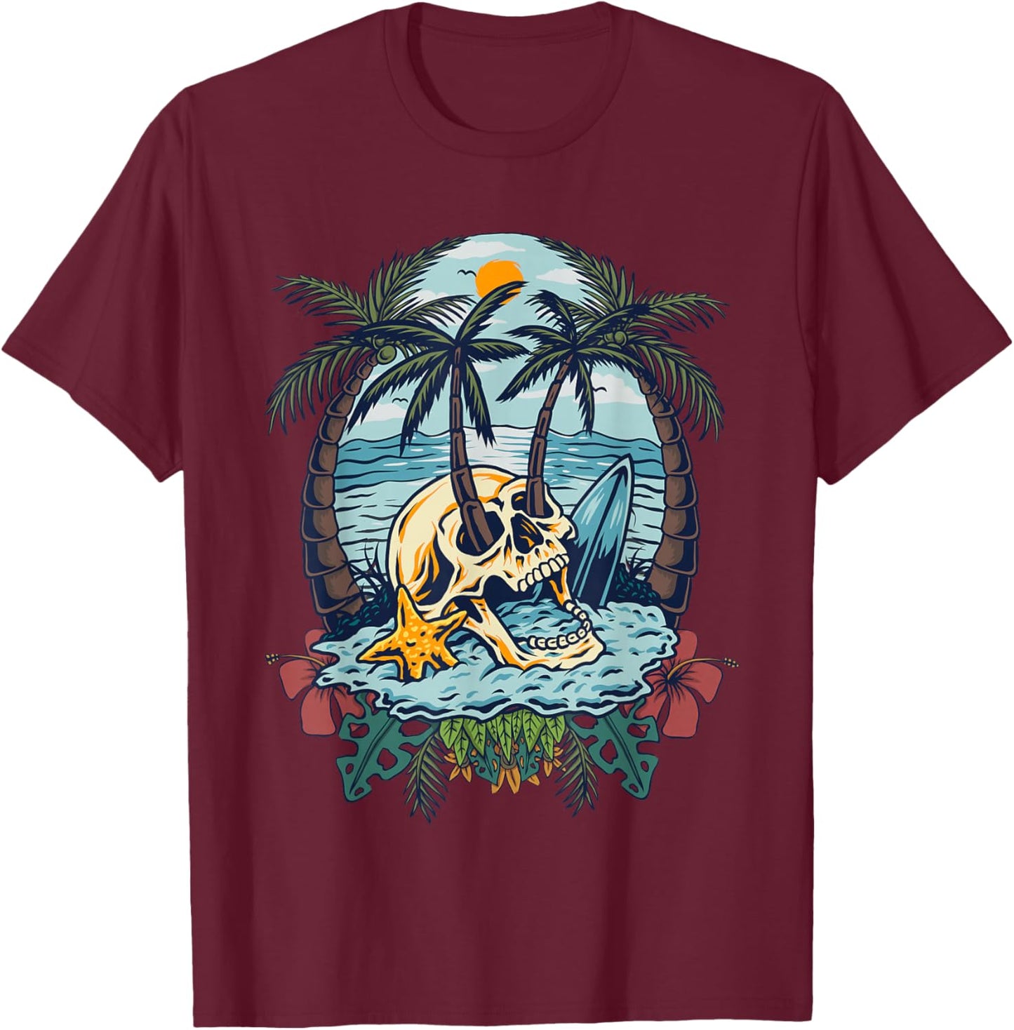 Vintage Palm Tree Skull Summer Beach Men Motorcycle Tattoo T-Shirt - T-Shirt | Maroon