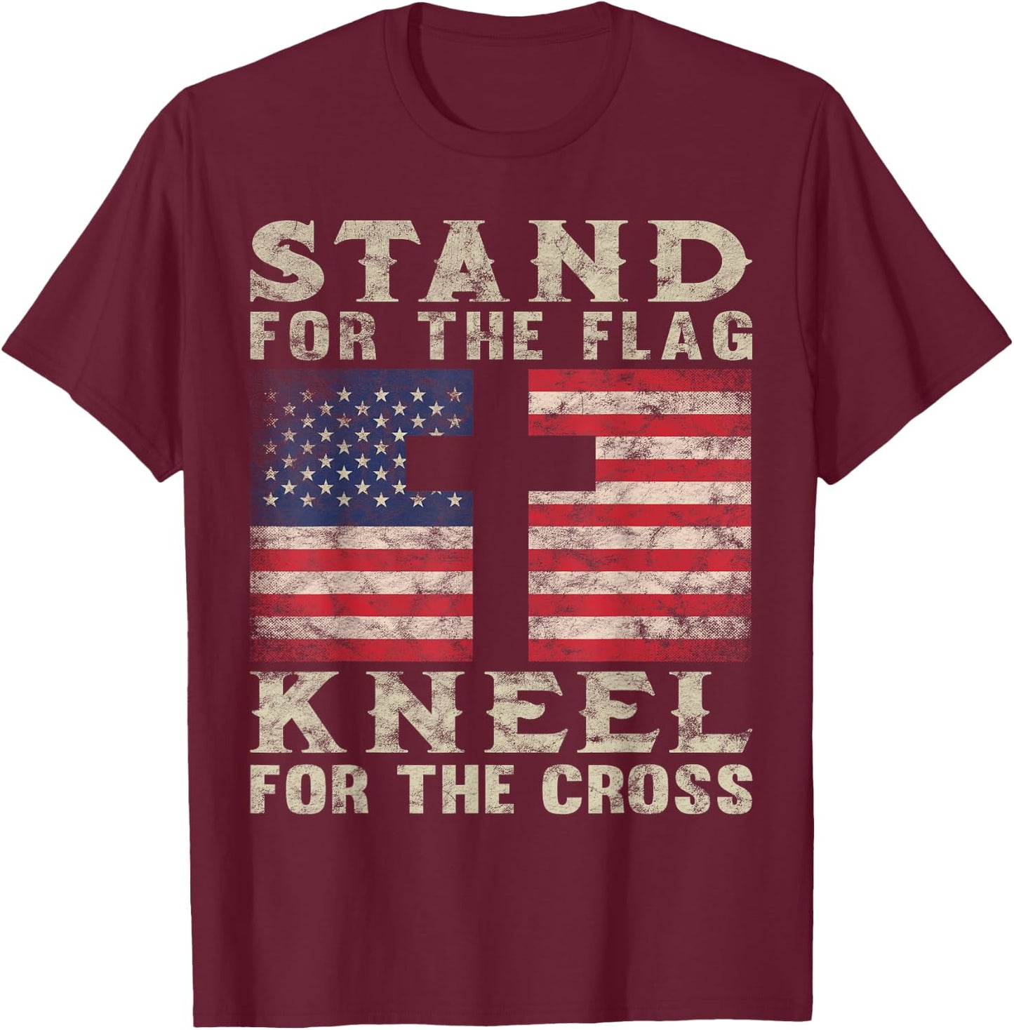 Christian Patriotic American Flag Stand Flag Kneel Cross T-Shirt - T-Shirt | Maroon