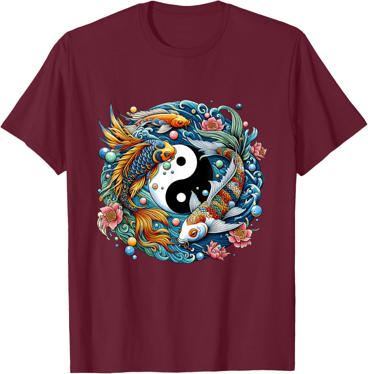Chinese Yin Yang Koi Fish Harmony Artistic Creations T-Shirt - T-Shirt | Maroon