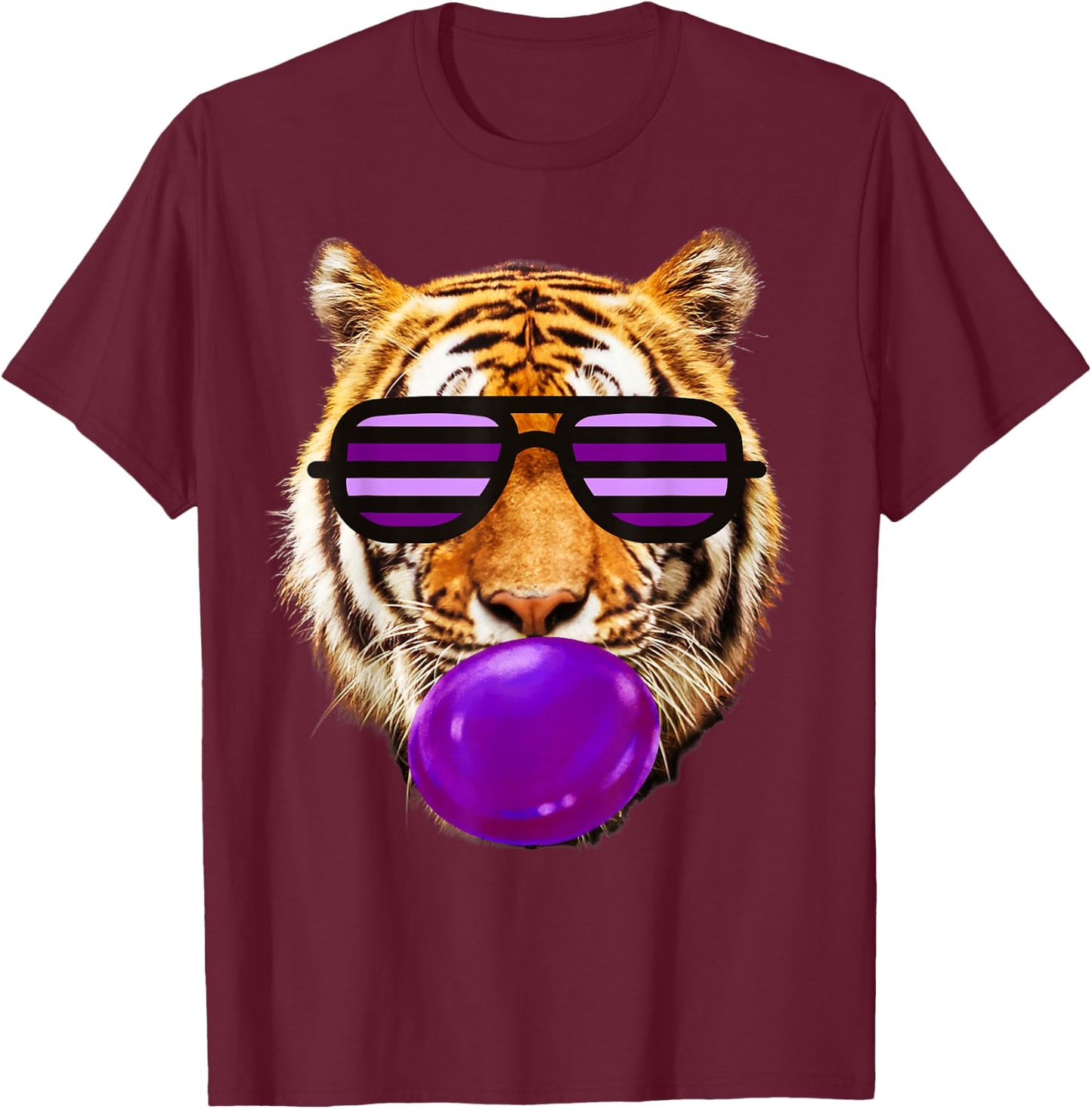 Purple bubble Gum tiger Stripe Cute Tiger with sunglasses T-Shirt - T-Shirt | Maroon