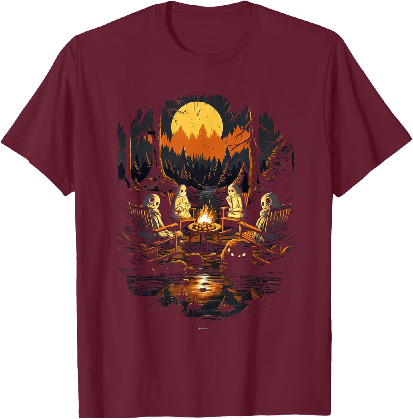 Vintage Ghost and Skeleton by Fire Camping Gothic Halloween T-Shirt - T-Shirt | Maroon