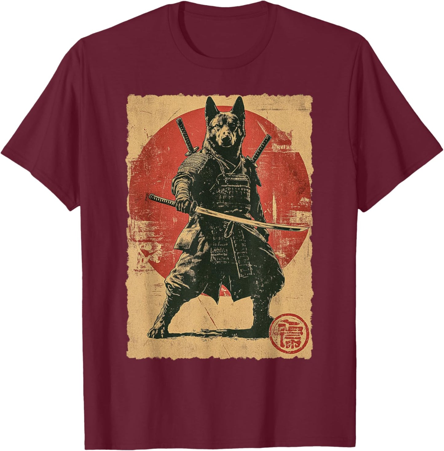 Funny Vintage Japanese Art German Shepherd Ninja Samurai T-Shirt - T-Shirt | Maroon