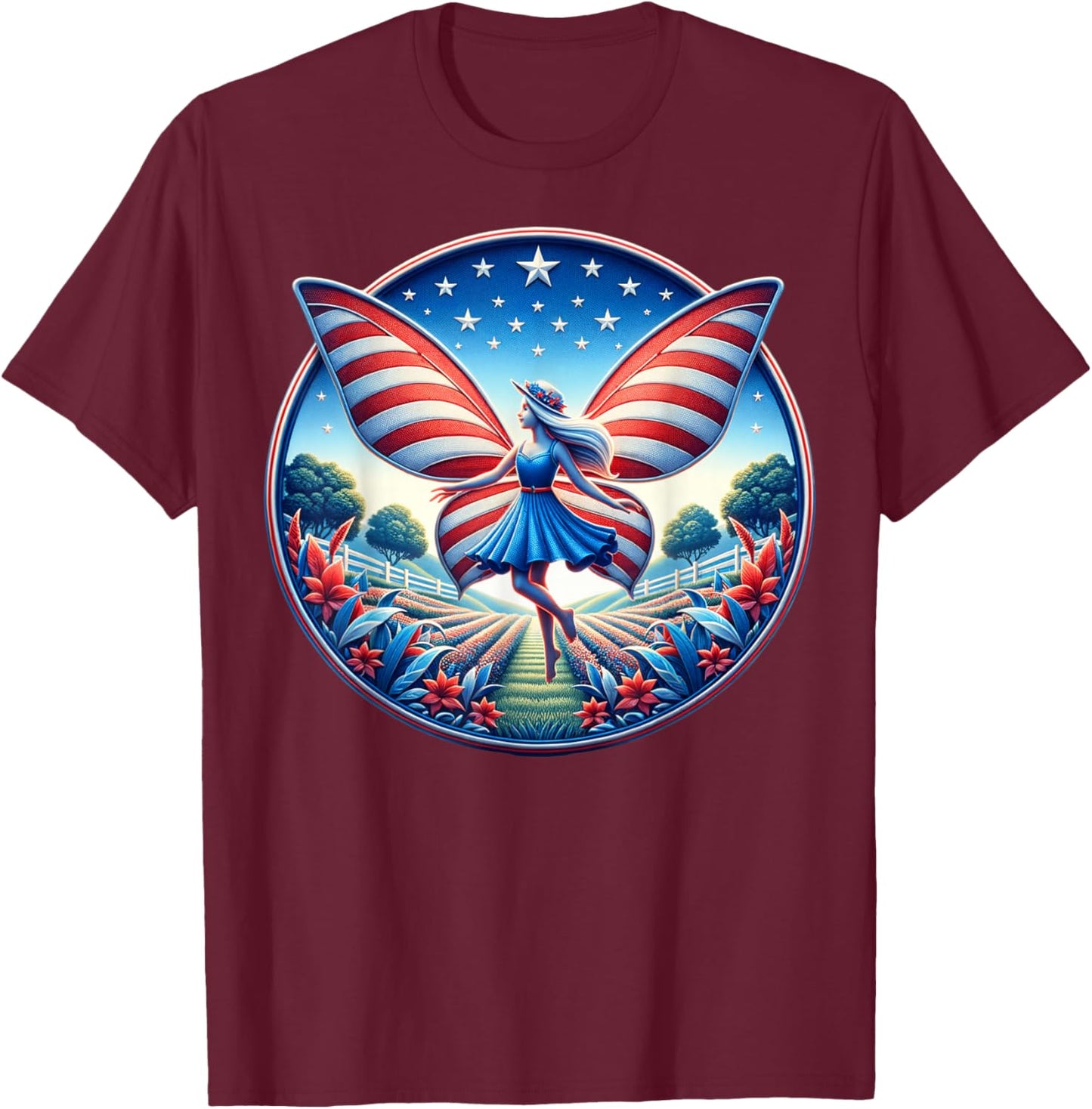 Girl With Butterfly Wings AmericanThemed Background For T-Shirt - T-Shirt | Maroon