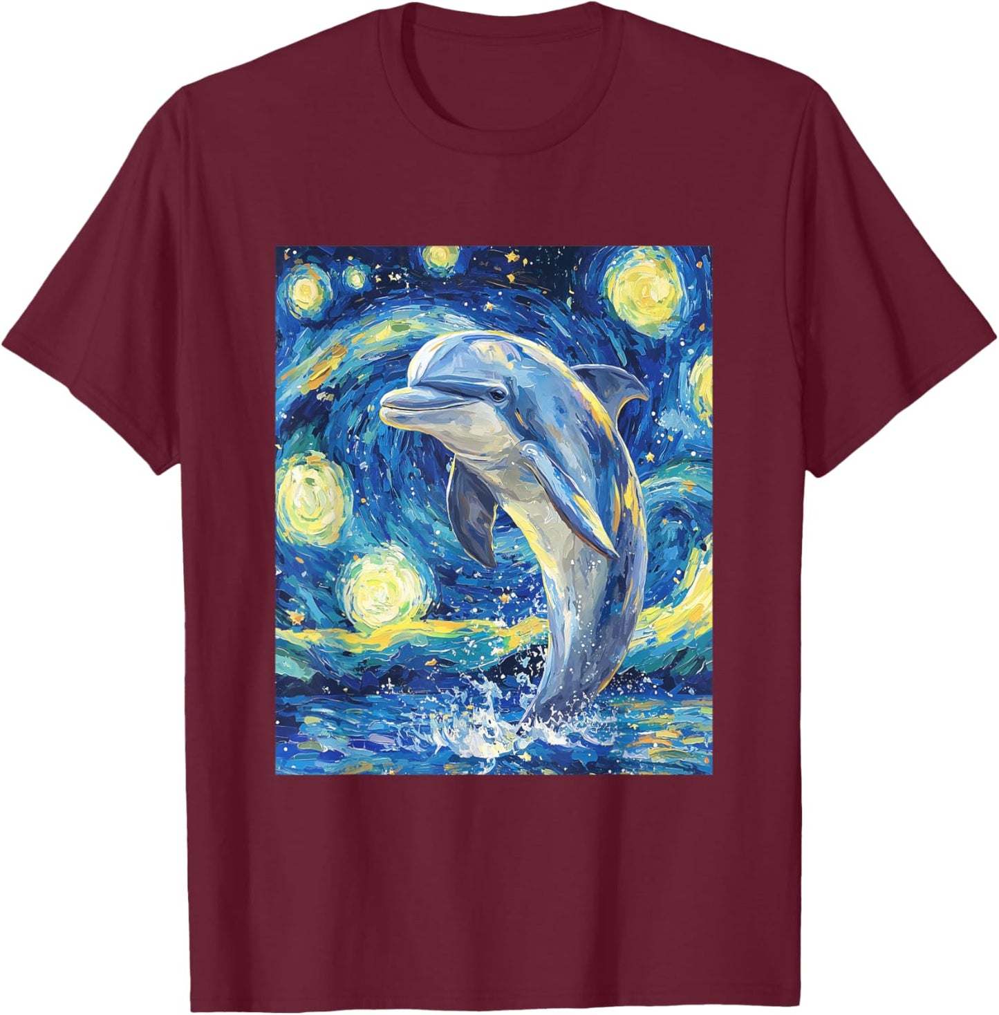 Cute Dolphin - Van Gogh Style - Starry Night Graphic T-Shirt - T-Shirt | Maroon