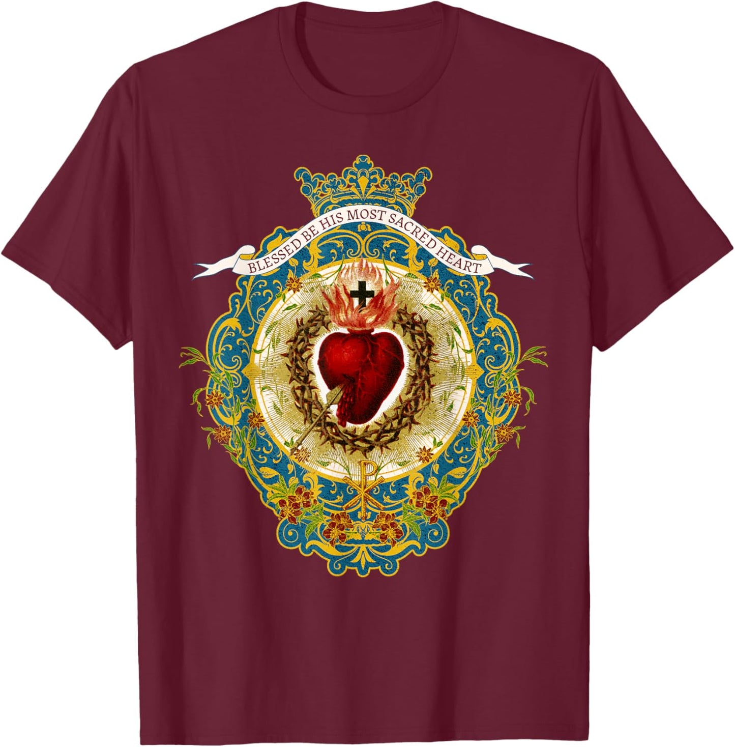 Sacred Heart of Jesus Symbol Divine Praises Vintage Catholic T-Shirt - T-Shirt | Maroon