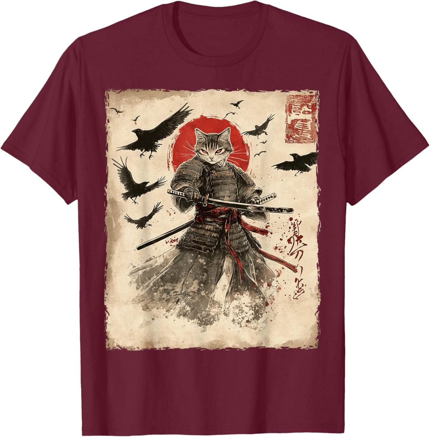 Cat Samurai Graphic Japanese Warrior Anime T-Shirt - T-Shirt | Maroon
