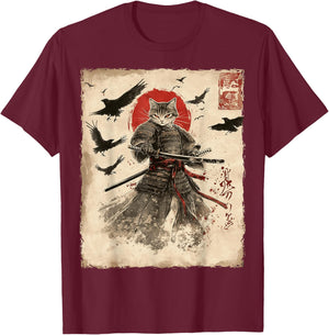 Cat Samurai Graphic Japanese Warrior Anime T-Shirt - T-Shirt | Maroon