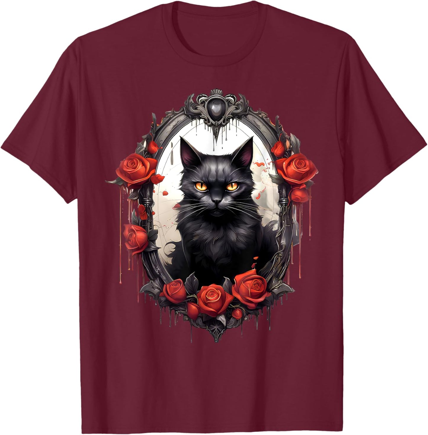 Aesthetic Black Cat Rose Flower Gothic Vintage Cat Lover Women Girls Kids T-Shirt - T-Shirt | Maroon