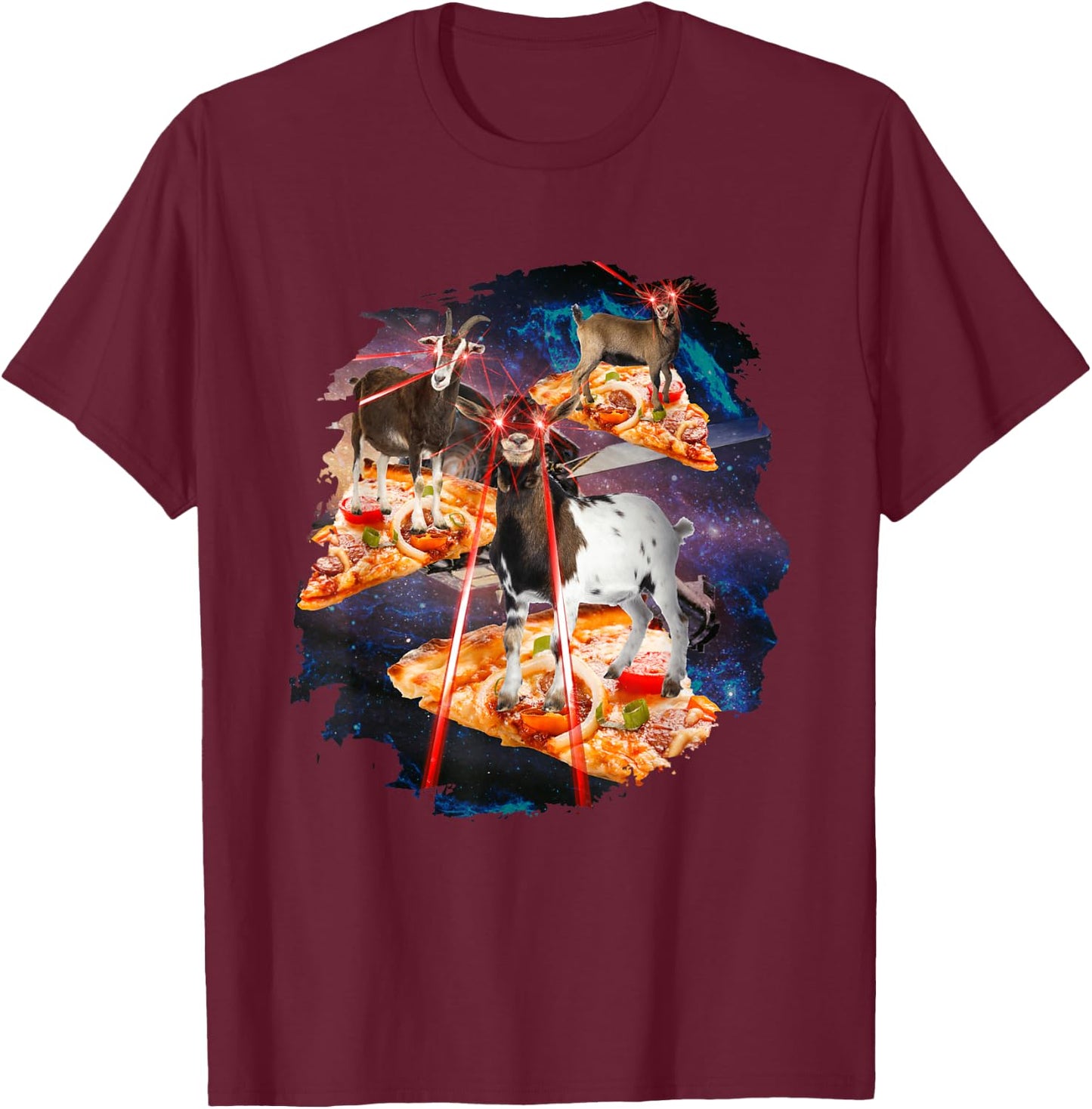 Goat with laser eyes, goats, house goat, laser space, pizza T-Shirt - T-Shirt | Maroon