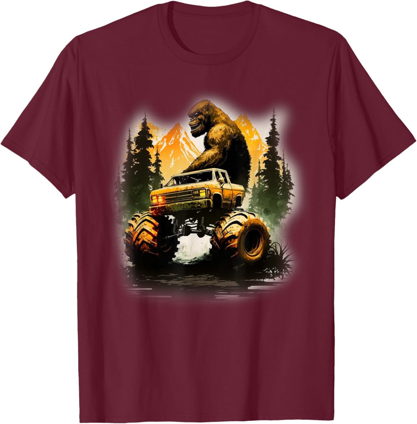Bigfoot Monster Truck, Sasquatch Sci-Fi Graphic Big Trucks T-Shirt - T-Shirt | Maroon