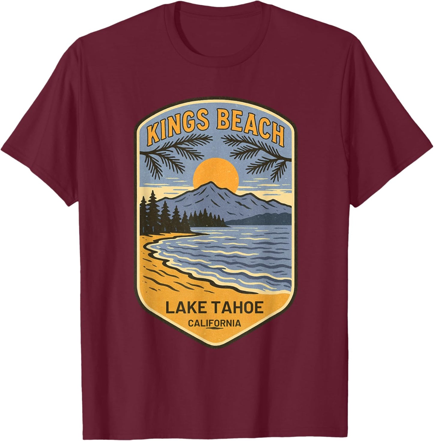 Kings Beach Lake Tahoe California Retro Vintage Art Souvenir T-Shirt - T-Shirt | Maroon