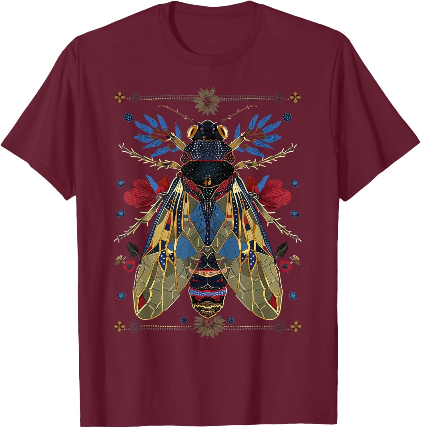 Cicada Flowers Insect Bug Vintage Tattoo Artist Entomology T-Shirt - T-Shirt | Maroon
