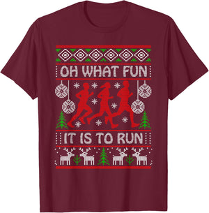 Running Ugly Christmas "Oh What Fun It Is To Run" Funny Ugly T-Shirt - T-Shirt | Maroon