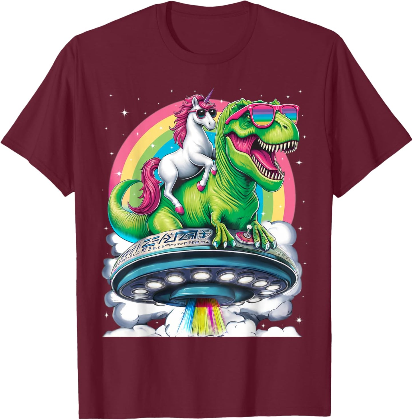 Unicorn Riding T Rex UFO Dinosaur Boy Girl Men Women Rainbow T-Shirt - T-Shirt | Maroon