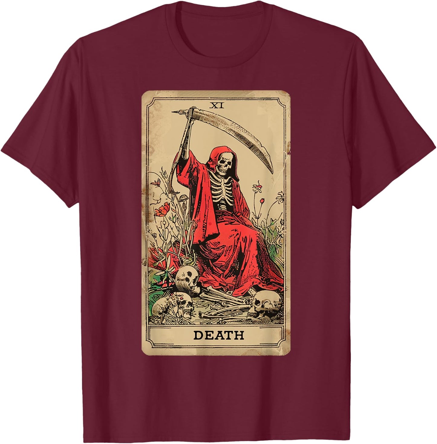 Vintage Tarot Card Death XIII Angel Skull Dead Reaper Grim T-Shirt - T-Shirt | Maroon
