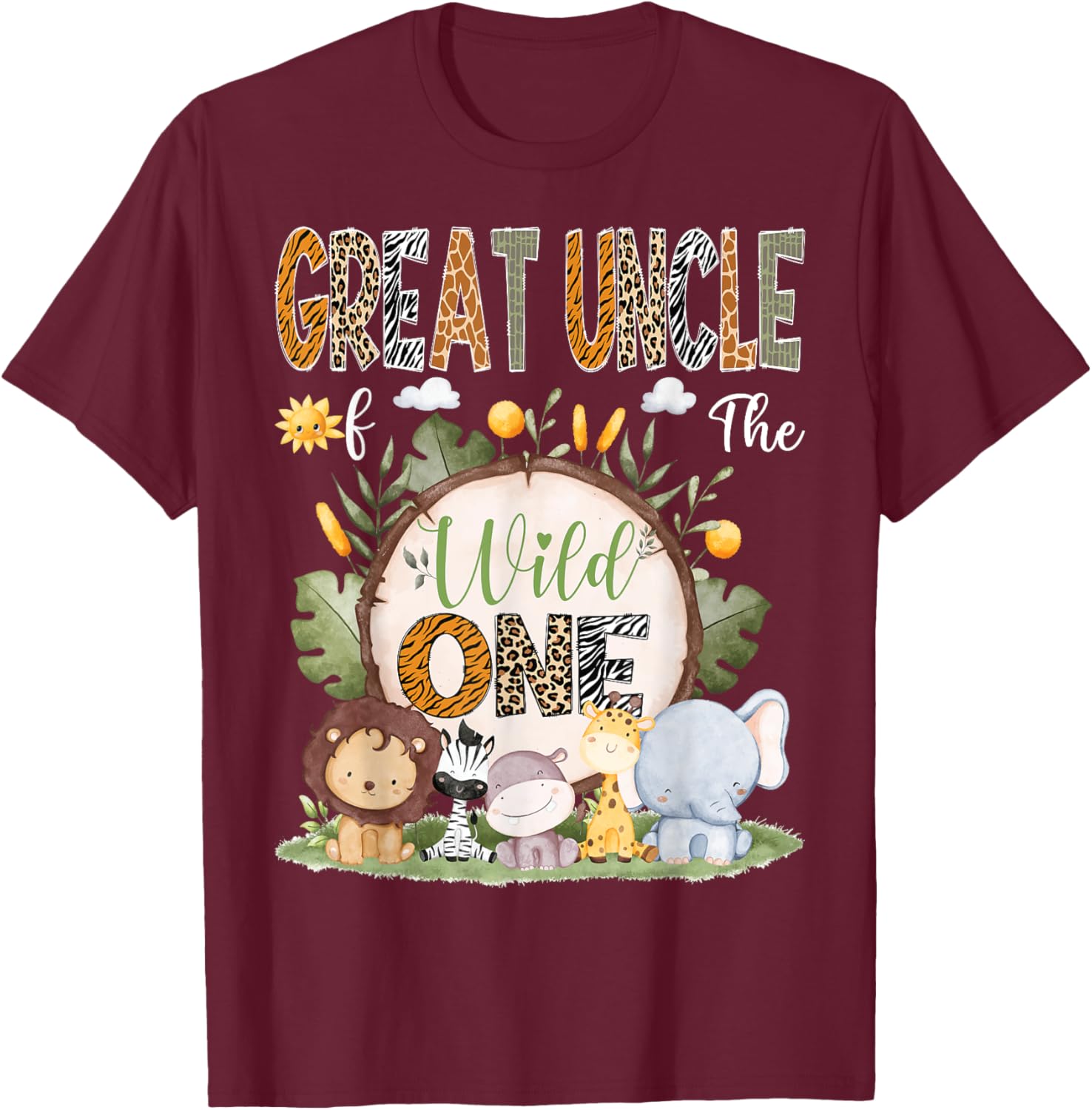 Great Uncle Of The Wild One 1St Birthday Kid Safari Woodland T-Shirt - T-Shirt | Maroon