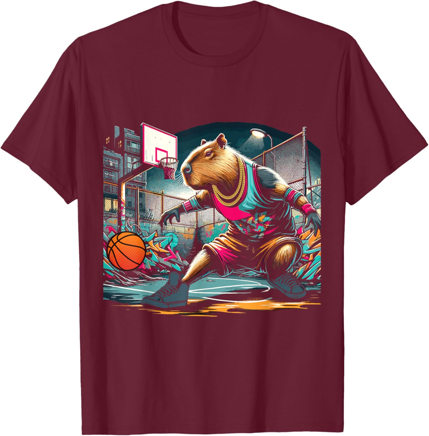 Capybara Basketball , Small, Black T-Shirt - T-Shirt | Maroon
