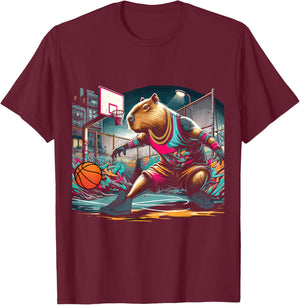 Capybara Basketball , Small, Black T-Shirt - T-Shirt | Maroon