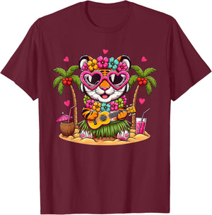 Funny Tiger Hawaiian Costume Kids Summer Vacation Tiger T-Shirt - T-Shirt | Maroon