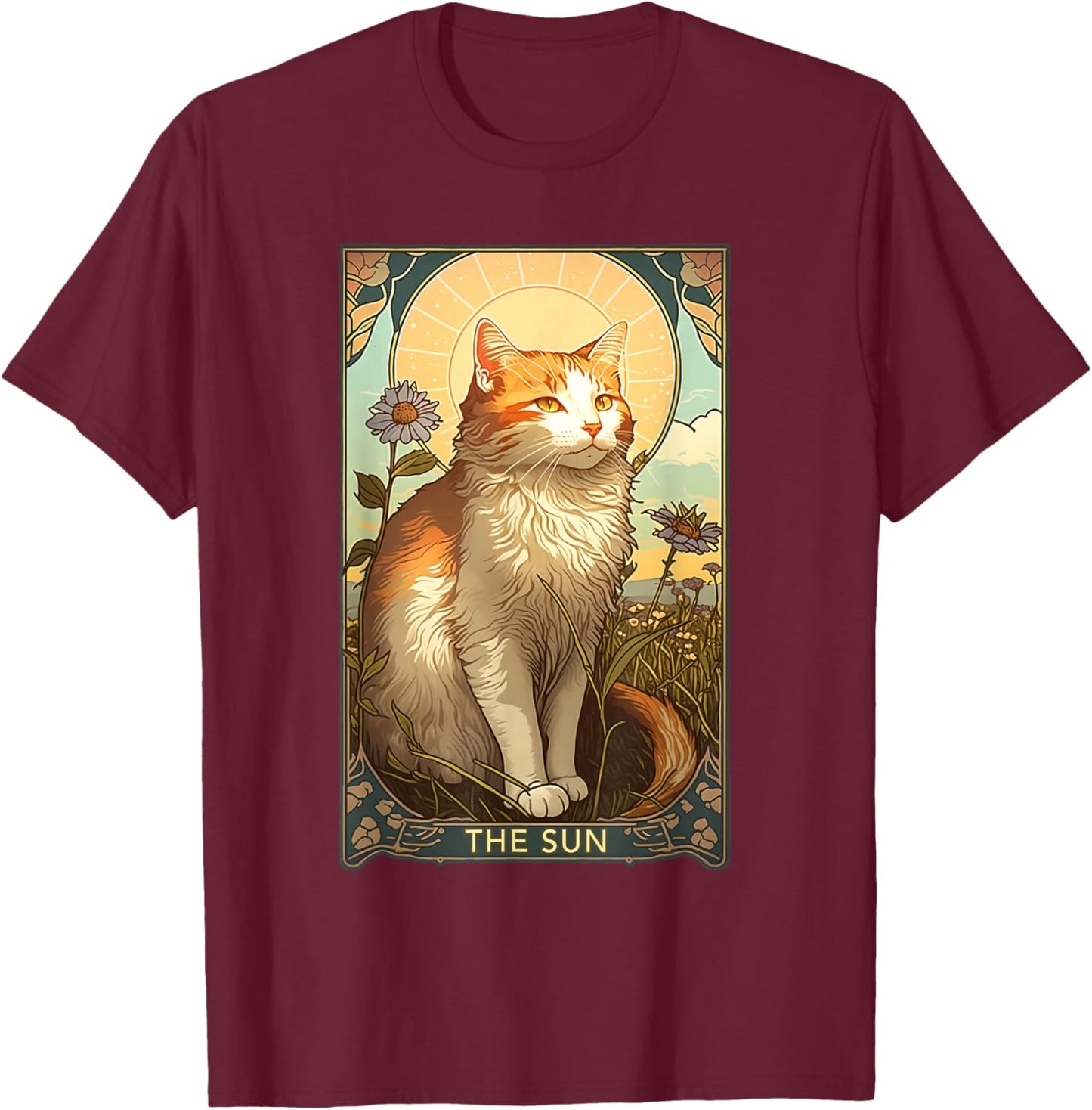 Cat Tarot Card, The Sun Tarot Card, Art Nouveau T-Shirt - T-Shirt | Maroon