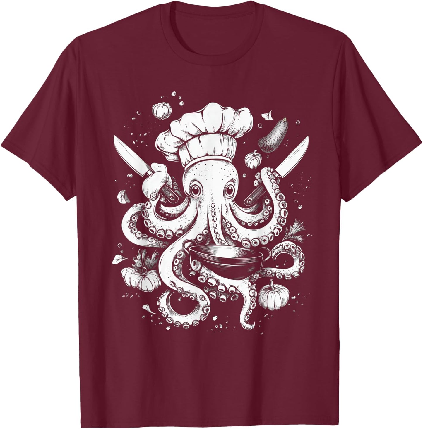Chef Octopus Funny Cooking Kraken Sous Chef Cook T-Shirt - T-Shirt | Maroon